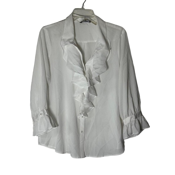 KARL LAGERFELD PARIS Womens White Ruffled Blouse Size L Sheer Cuffs Chic - Picture 1 of 5
